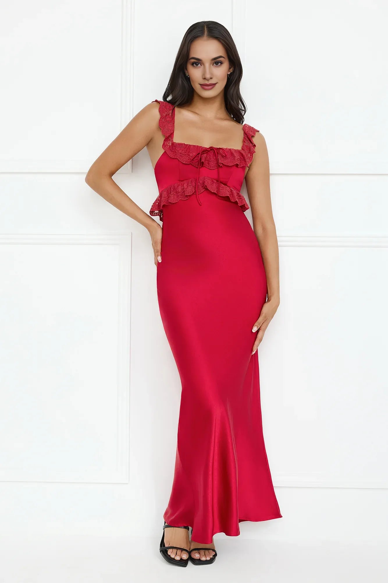 Pretty Mermaid Off-The-Shoulder Ruffle Lace Satin Red Maxi Evening Dress