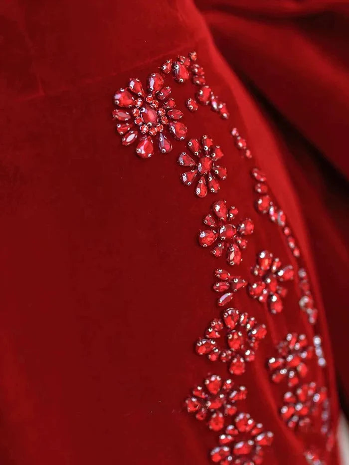 Pretty Mermaid Off The Shoulder Satin Burgundy Long Prom Dress With Rhinestones