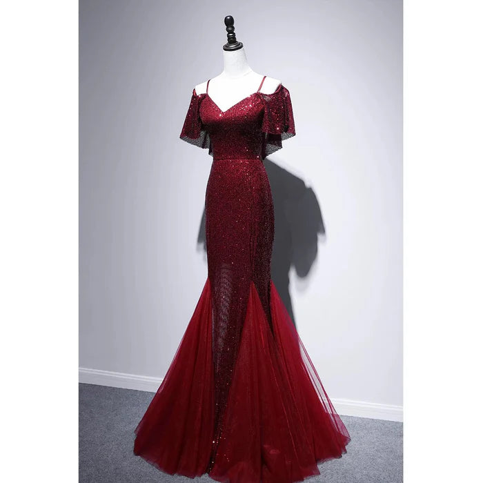 Pretty Mermaid Off The Shoulder Tulle Sequin Burgundy Long Prom Dress