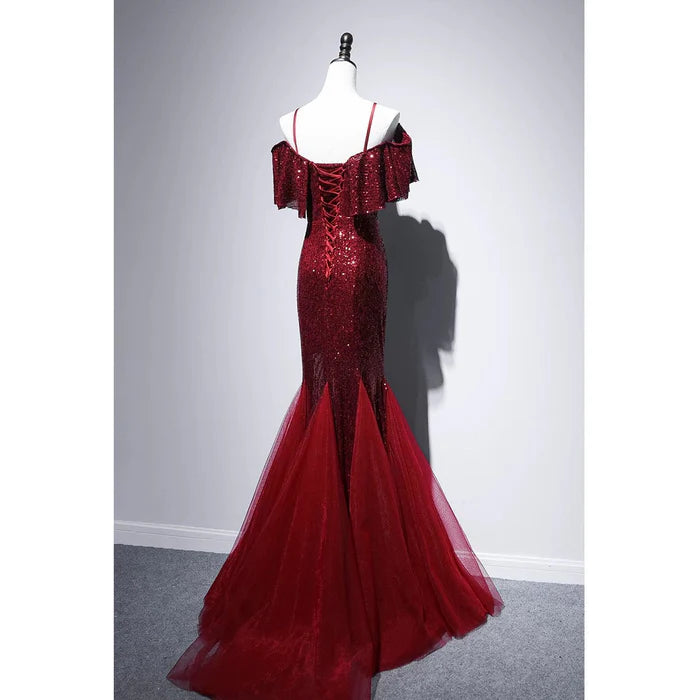 Pretty Mermaid Off The Shoulder Tulle Sequin Burgundy Long Prom Dress