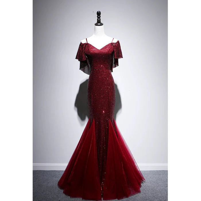 Pretty Mermaid Off The Shoulder Tulle Sequin Burgundy Long Prom Dress