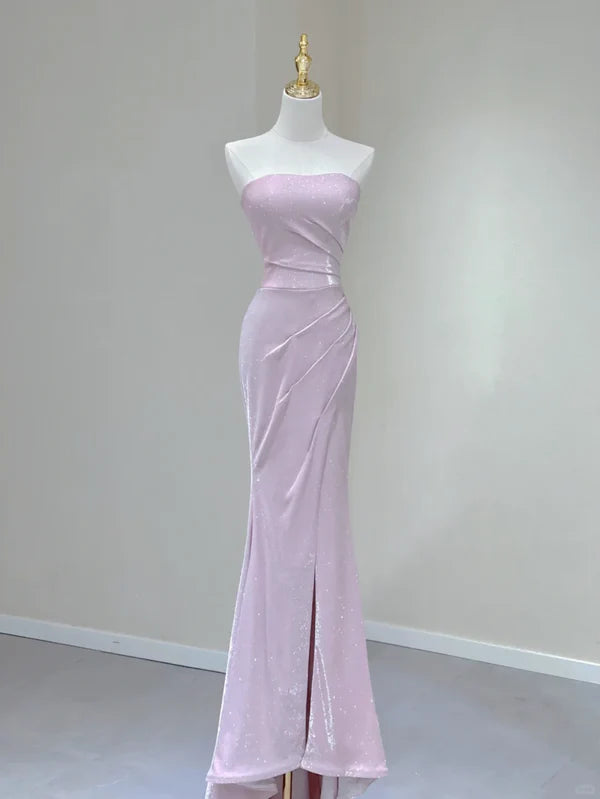 Pretty Mermaid Pink Sequin Strapless Pleated Slit Long Prom Dresses Hot Sale Party Dresses For Ladies Evening Dresses