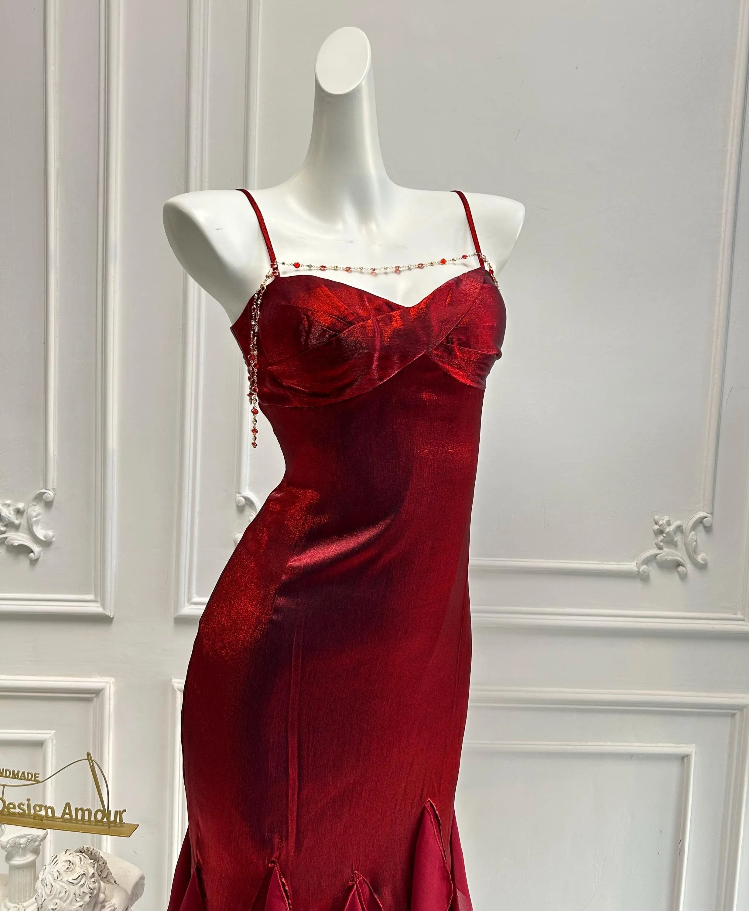 Pretty Mermaid Spaghetti Straps Red Long Prom Dress With Ruffle Hem Custom