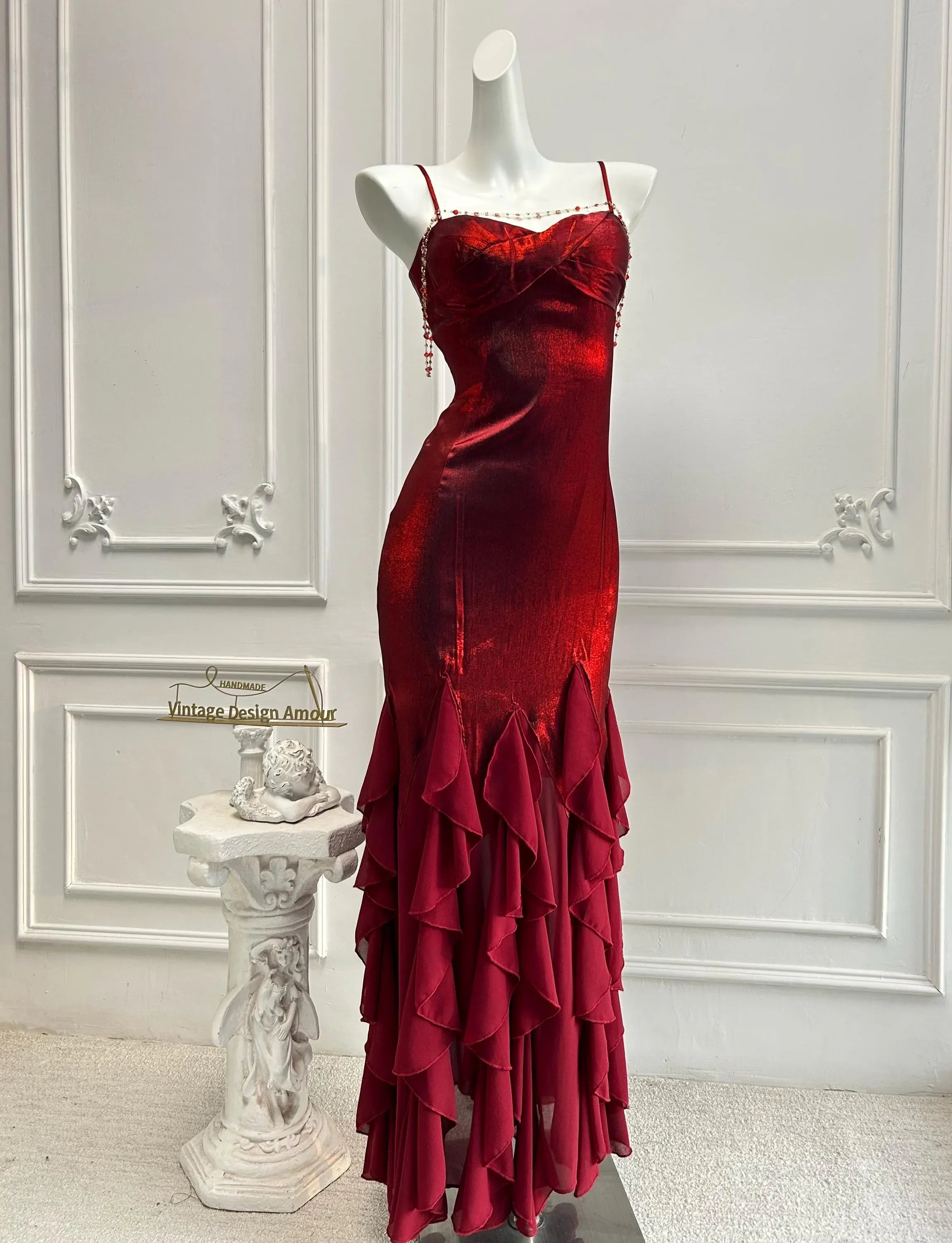 Pretty Mermaid Spaghetti Straps Red Long Prom Dress With Ruffle Hem Custom