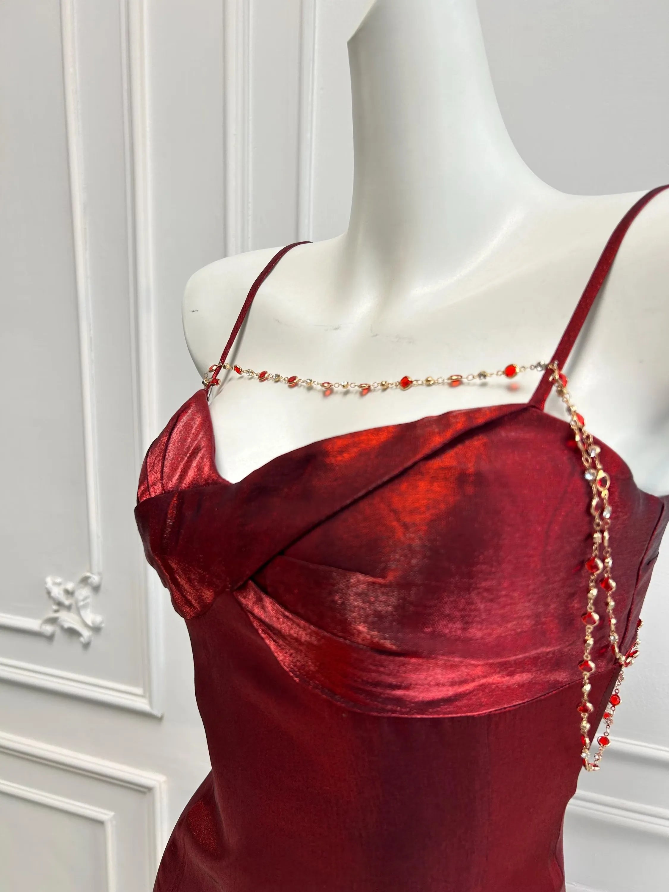 Pretty Mermaid Spaghetti Straps Red Long Prom Dress With Ruffle Hem Custom