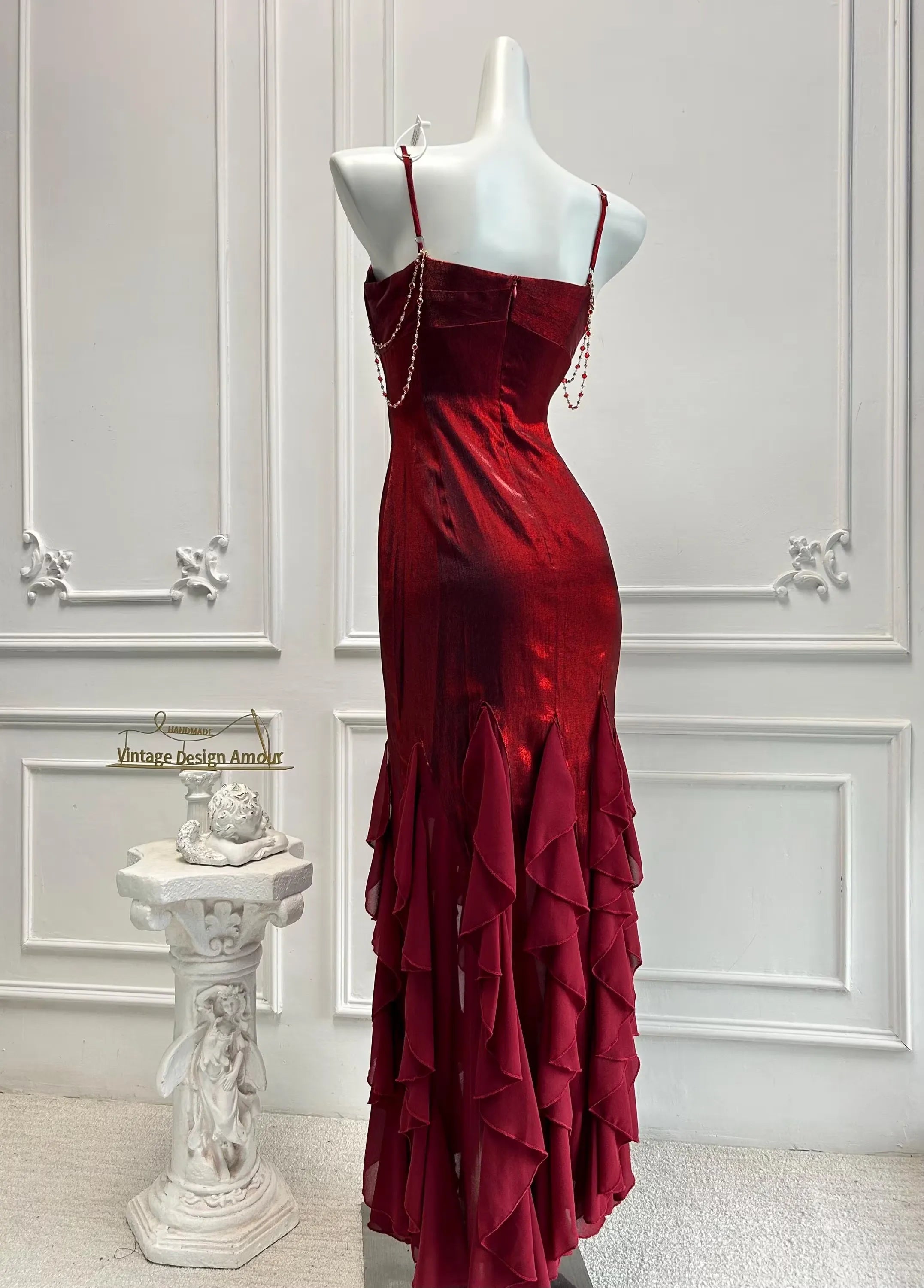 Pretty Mermaid Spaghetti Straps Red Long Prom Dress With Ruffle Hem Custom