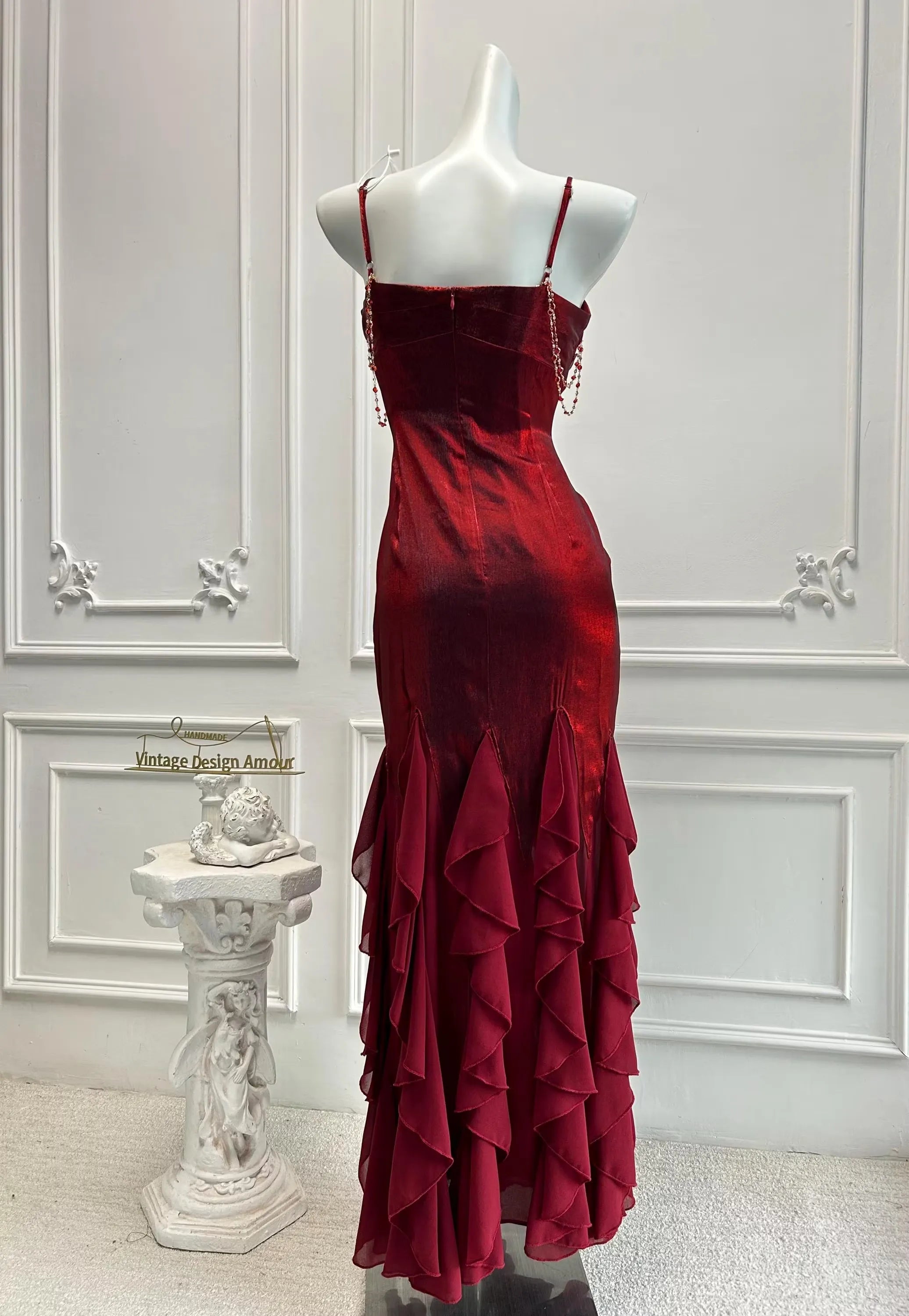 Pretty Mermaid Spaghetti Straps Red Long Prom Dress With Ruffle Hem Custom