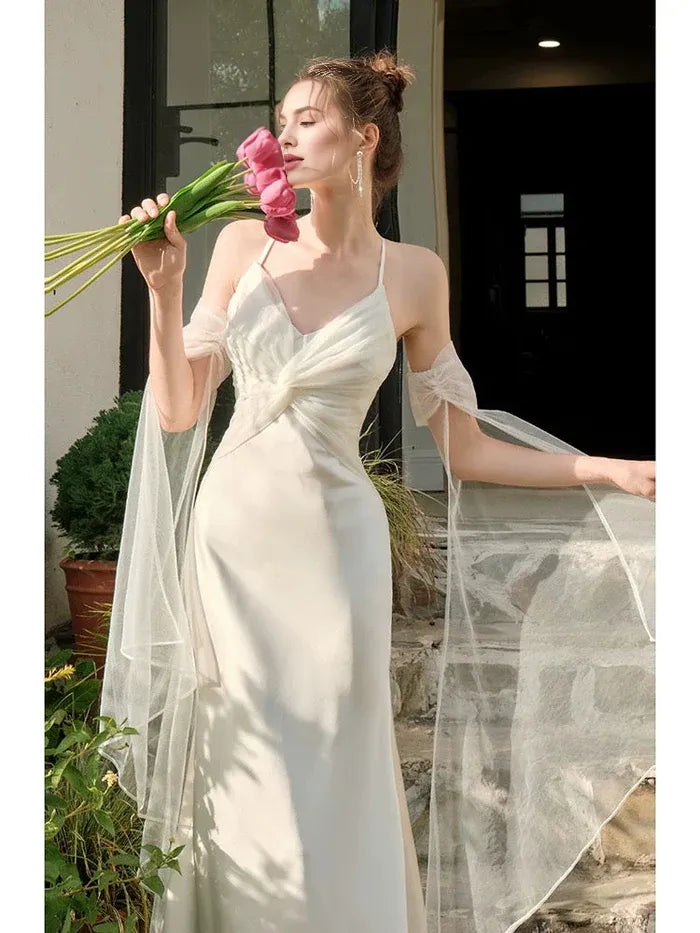 Pretty Mermaid Spaghetti Straps White Ankle Length Evening Dress Prom Dress