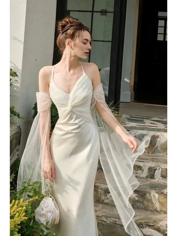 Pretty Mermaid Spaghetti Straps White Ankle Length Evening Dress Prom Dress
