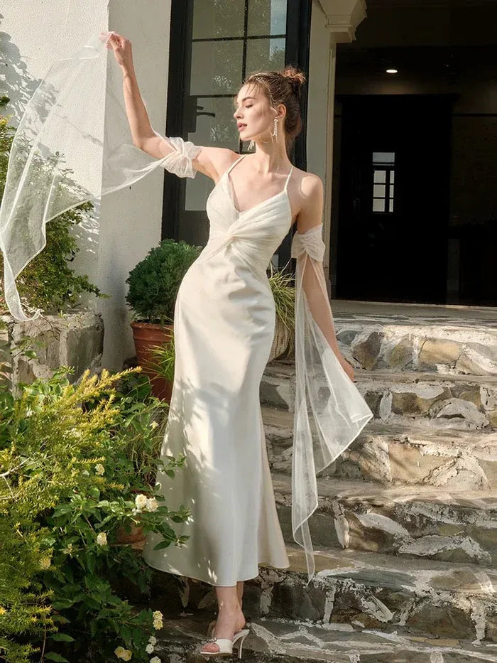 Pretty Mermaid Spaghetti Straps White Ankle Length Evening Dress Prom Dress