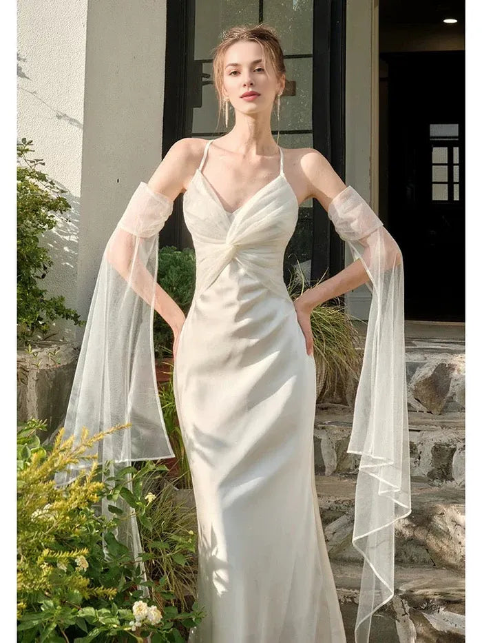 Pretty Mermaid Spaghetti Straps White Ankle Length Evening Dress Prom Dress