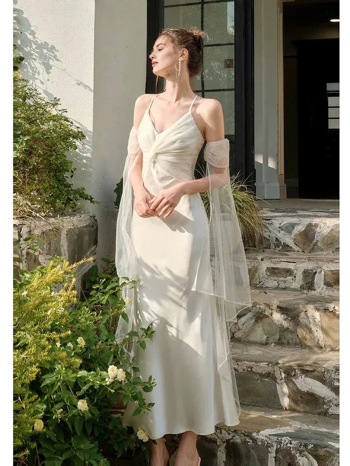 Pretty Mermaid Spaghetti Straps White Ankle Length Evening Dress Prom Dress