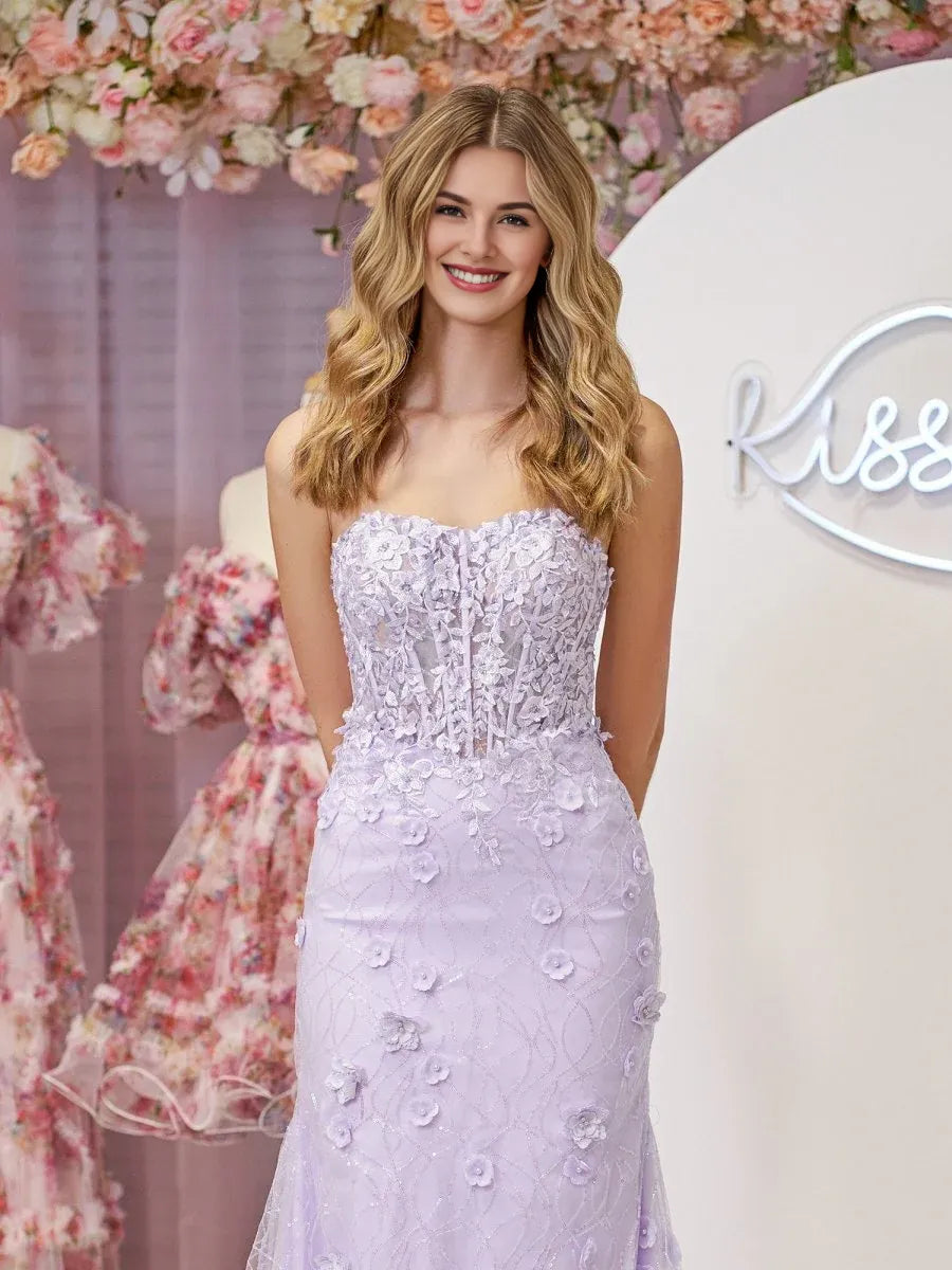 Pretty Mermaid Strapless Applique Sequins Lace Lavender Prom Dress