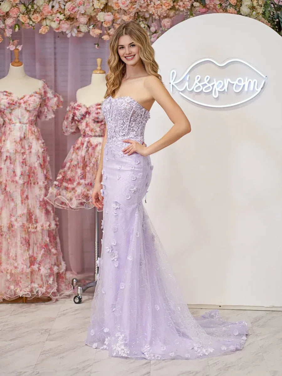 Pretty Mermaid Strapless Applique Sequins Lace Lavender Prom Dress