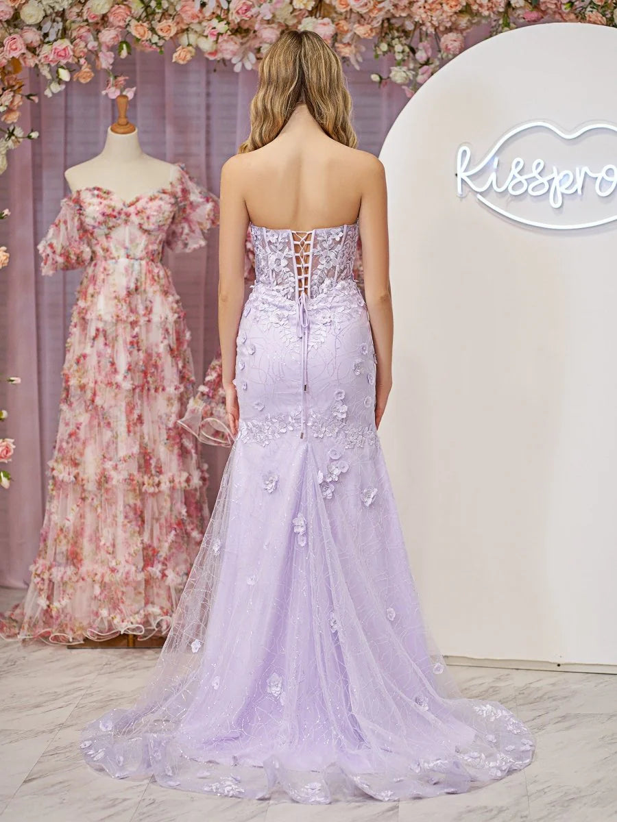 Pretty Mermaid Strapless Applique Sequins Lace Lavender Prom Dress