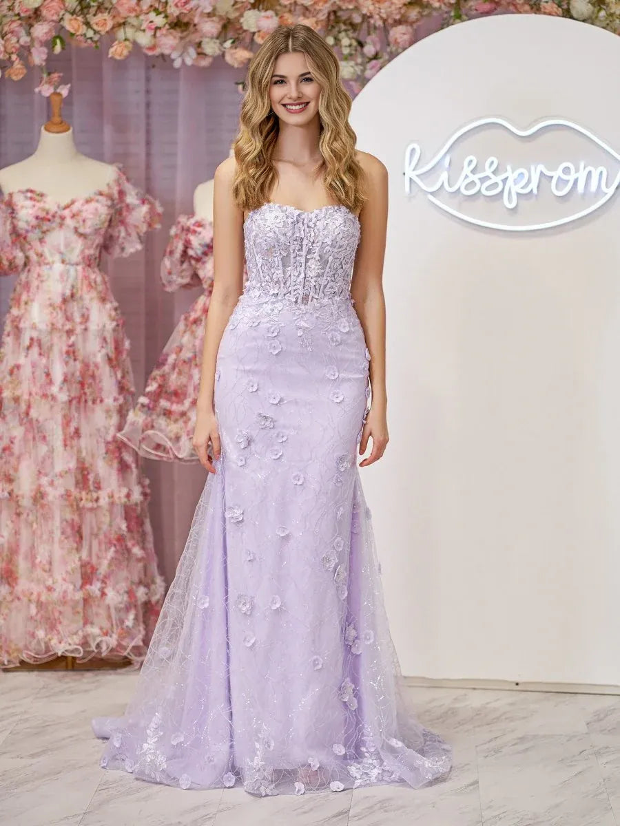 Pretty Mermaid Strapless Applique Sequins Lace Lavender Prom Dress