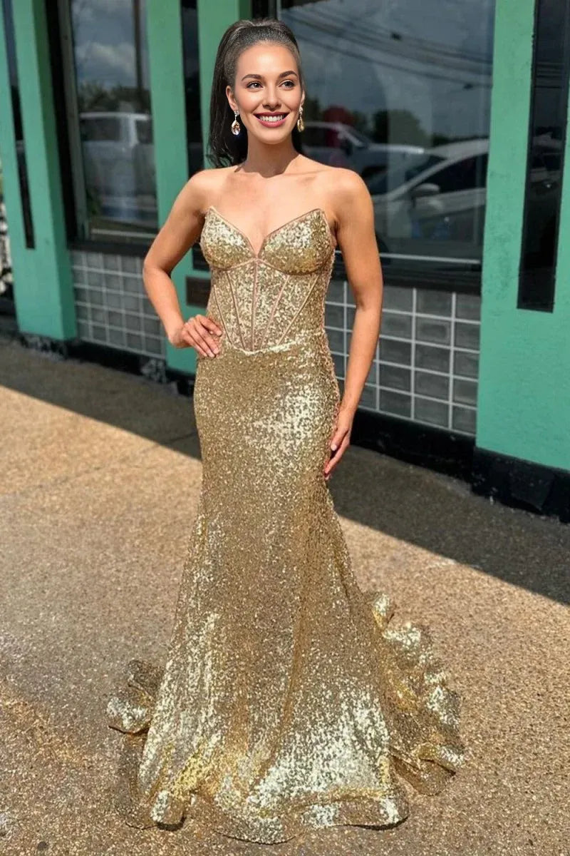 Pretty Mermaid Strapless Corset Sequin Gold Floor Length Prom Dress