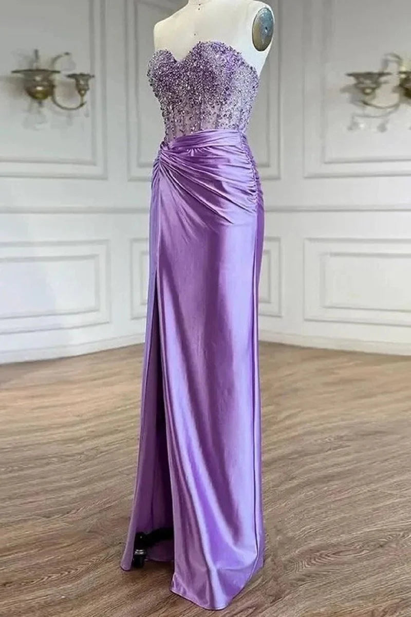 Pretty Mermaid Sweetheart Beaded Satin Purple Long Prom Dress With Slit