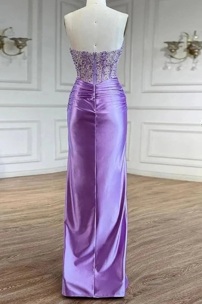 Pretty Mermaid Sweetheart Beaded Satin Purple Long Prom Dress With Slit