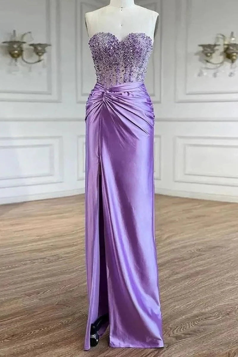 Pretty Mermaid Sweetheart Beaded Satin Purple Long Prom Dress With Slit