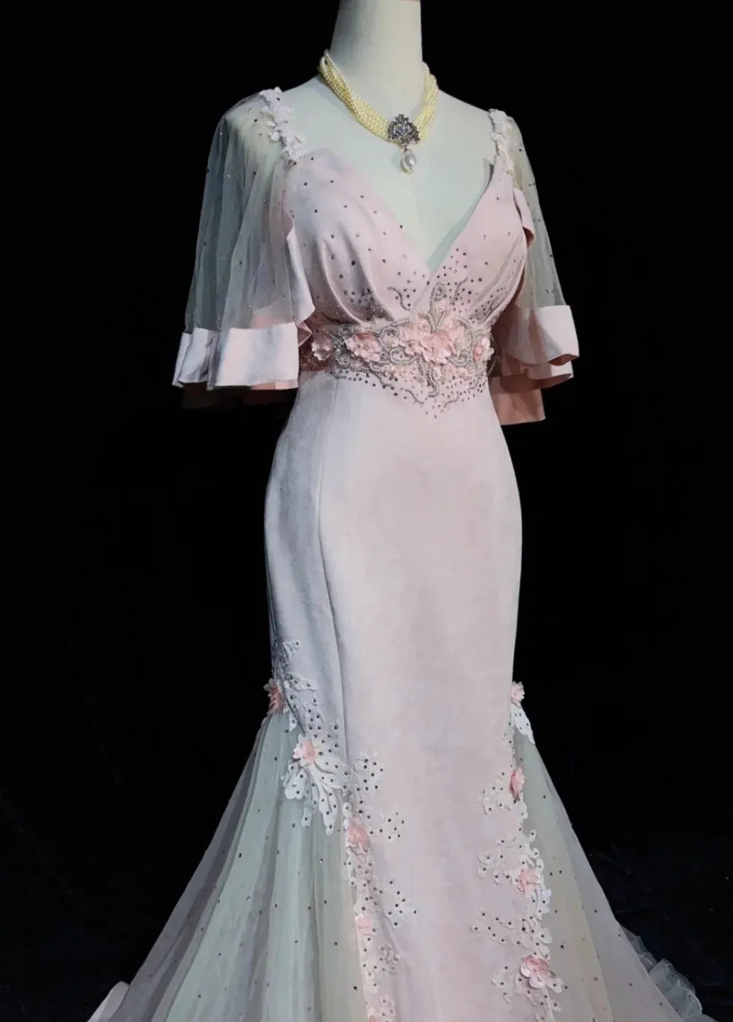 Pretty Mermaid Sweetheart Cap Sleeve Applique Tulle Pink Long Prom Dress
