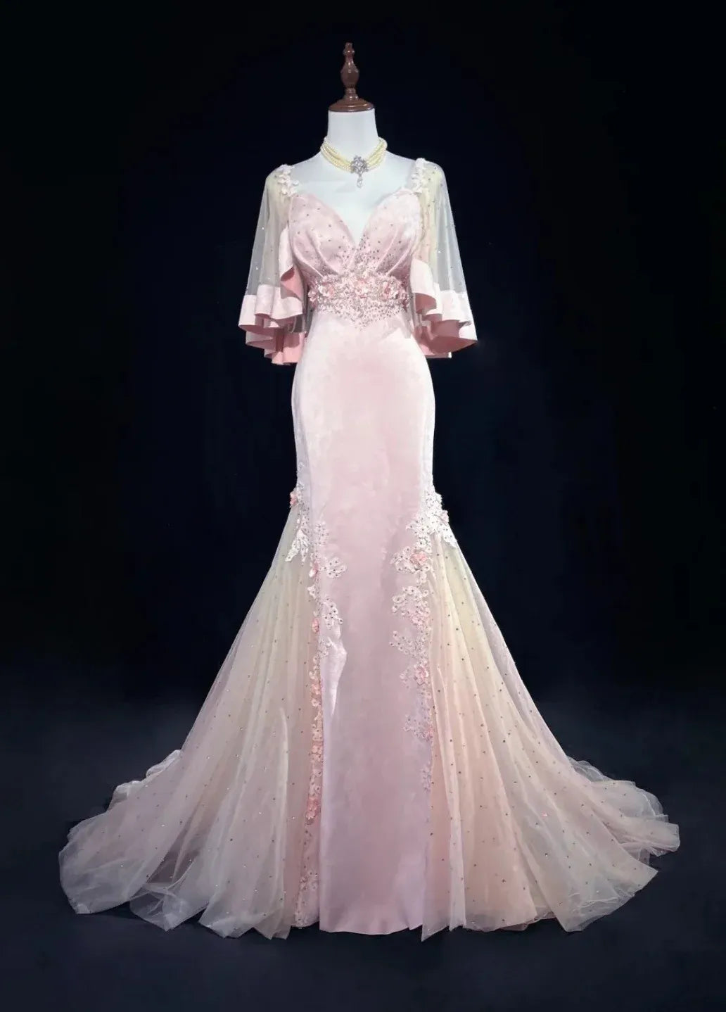 Pretty Mermaid Sweetheart Cap Sleeve Applique Tulle Pink Long Prom Dress