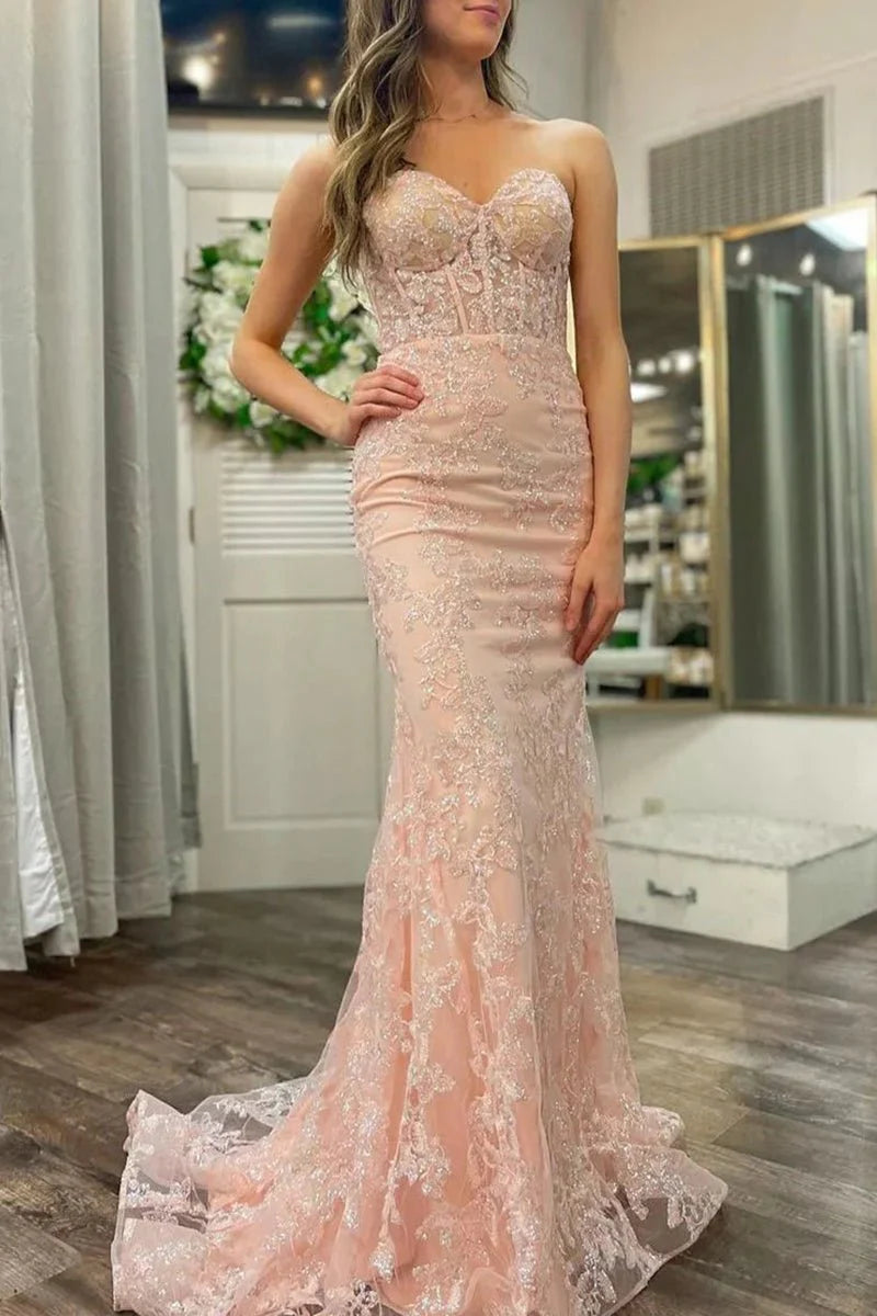 Pretty Mermaid Sweetheart Corset Sequined Lace Evening Dress With Train