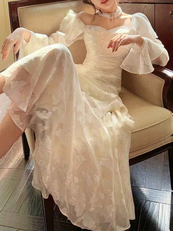 Pretty Mermaid Sweetheart Long Sleeves Floral Prints White Long Prom Dress