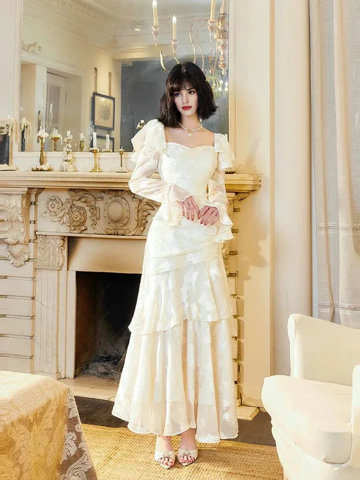 Pretty Mermaid Sweetheart Long Sleeves Floral Prints White Long Prom Dress