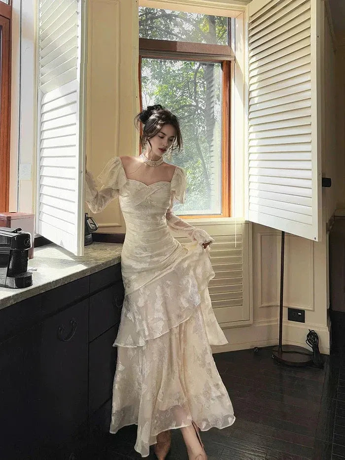 Pretty Mermaid Sweetheart Long Sleeves Floral Prints White Long Prom Dress