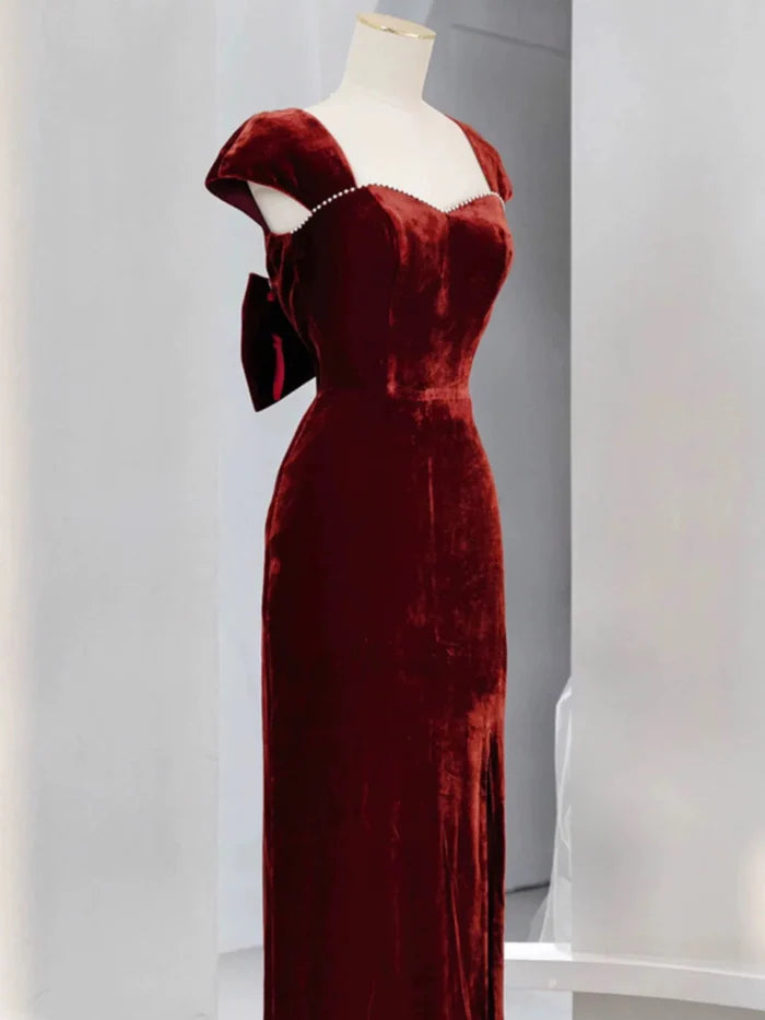 Pretty Mermaid Sweetheart Slit Velvet Burgundy Evening Dress Prom Dress