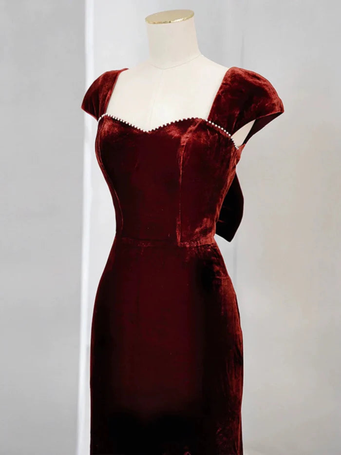 Pretty Mermaid Sweetheart Slit Velvet Burgundy Evening Dress Prom Dress