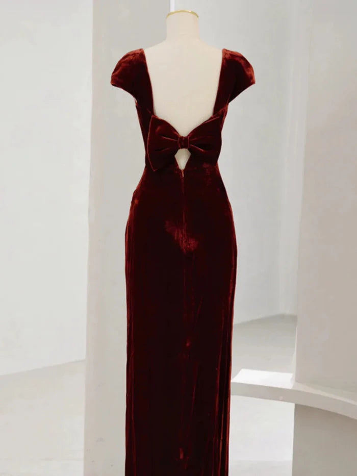 Pretty Mermaid Sweetheart Slit Velvet Burgundy Evening Dress Prom Dress