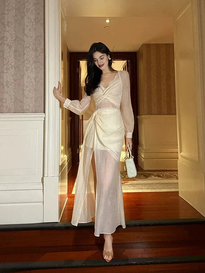 Pretty Mermaid V Neck Lace Chiffon Ankle Length Evening Dress Prom Dress