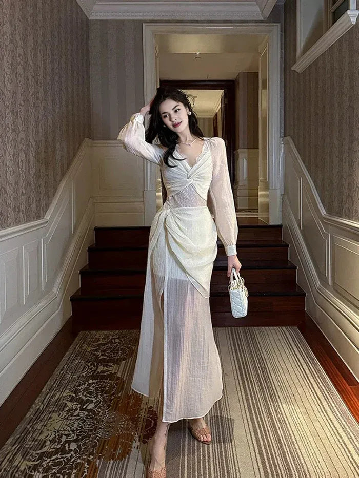 Pretty Mermaid V Neck Lace Chiffon Ankle Length Evening Dress Prom Dress