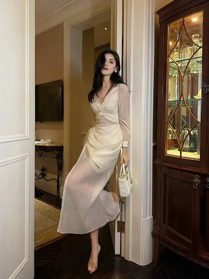 Pretty Mermaid V Neck Lace Chiffon Ankle Length Evening Dress Prom Dress