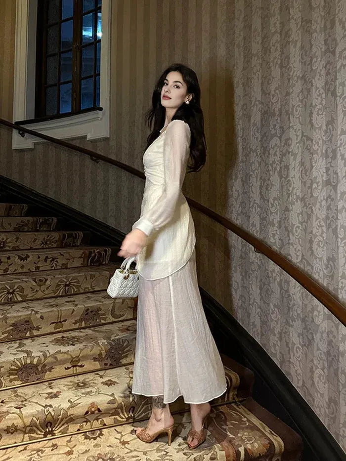 Pretty Mermaid V Neck Lace Chiffon Ankle Length Evening Dress Prom Dress