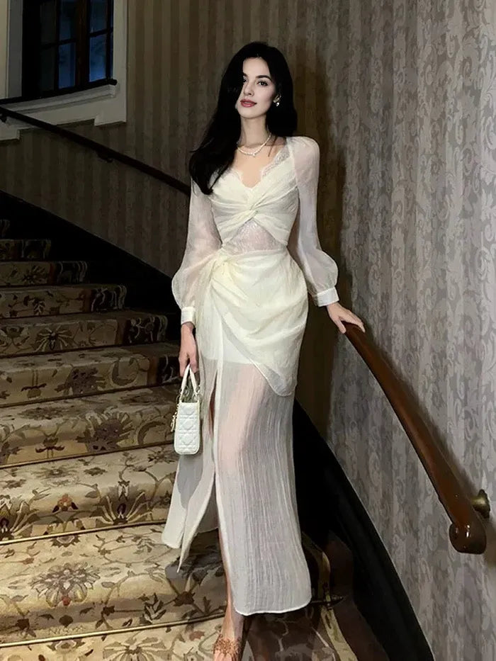 Pretty Mermaid V Neck Lace Chiffon Ankle Length Evening Dress Prom Dress