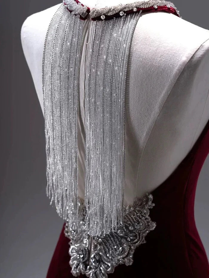 Pretty Mermaid Velvet Burgundy Long Evening Dress Prom Dress With Fringes