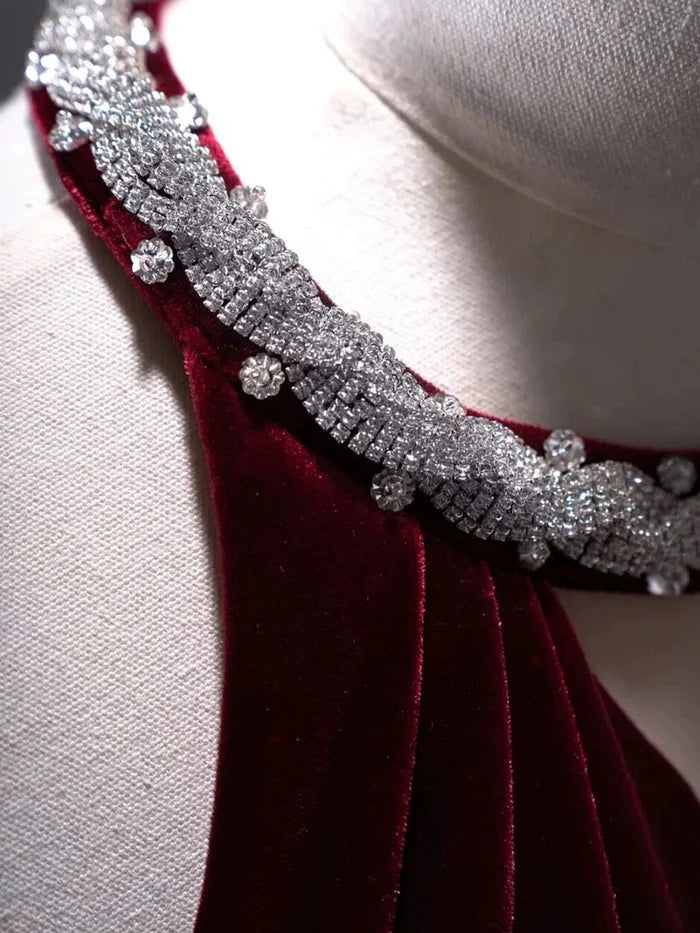 Pretty Mermaid Velvet Burgundy Long Evening Dress Prom Dress With Fringes