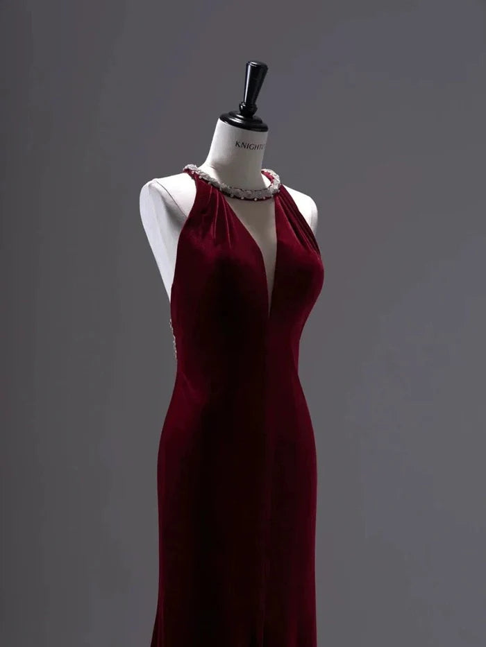Pretty Mermaid Velvet Burgundy Long Evening Dress Prom Dress With Fringes