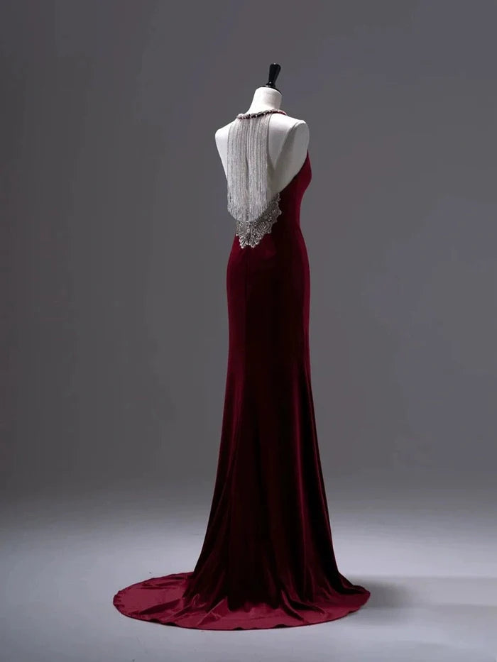 Pretty Mermaid Velvet Burgundy Long Evening Dress Prom Dress With Fringes