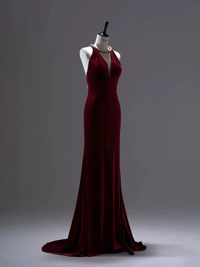 Pretty Mermaid Velvet Burgundy Long Evening Dress Prom Dress With Fringes