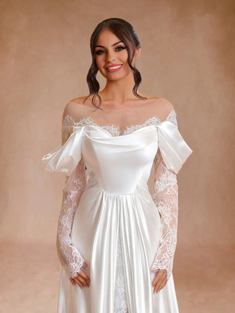 Pretty Mermaid White Satin Lace Long Sleeves Off-the-Shoulder Diamond Wedding Dress With Train
