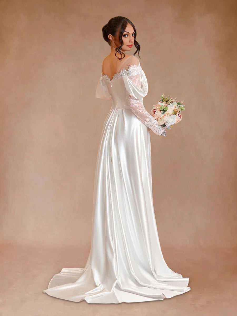 Pretty Mermaid White Satin Lace Long Sleeves Off-the-Shoulder Diamond Wedding Dress With Train