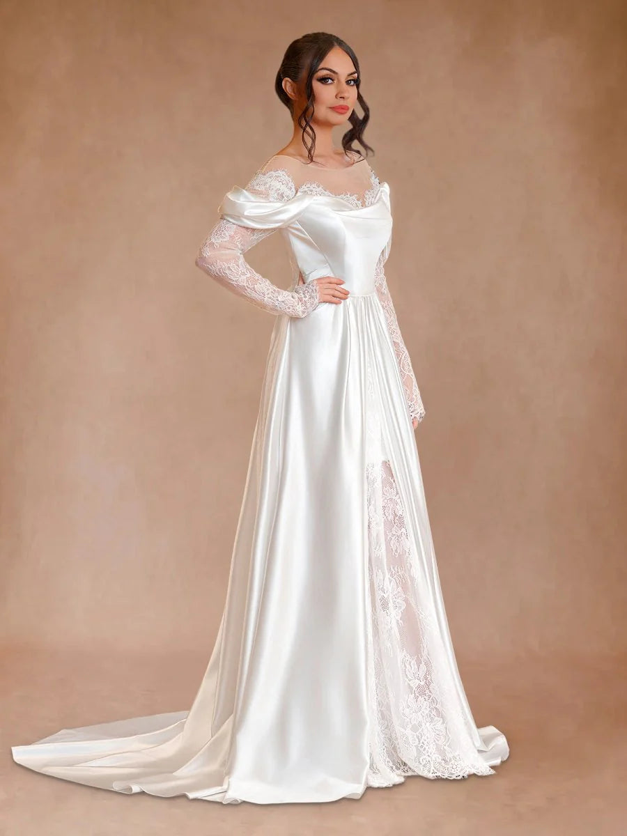 Pretty Mermaid White Satin Lace Long Sleeves Off-the-Shoulder Diamond Wedding Dress With Train