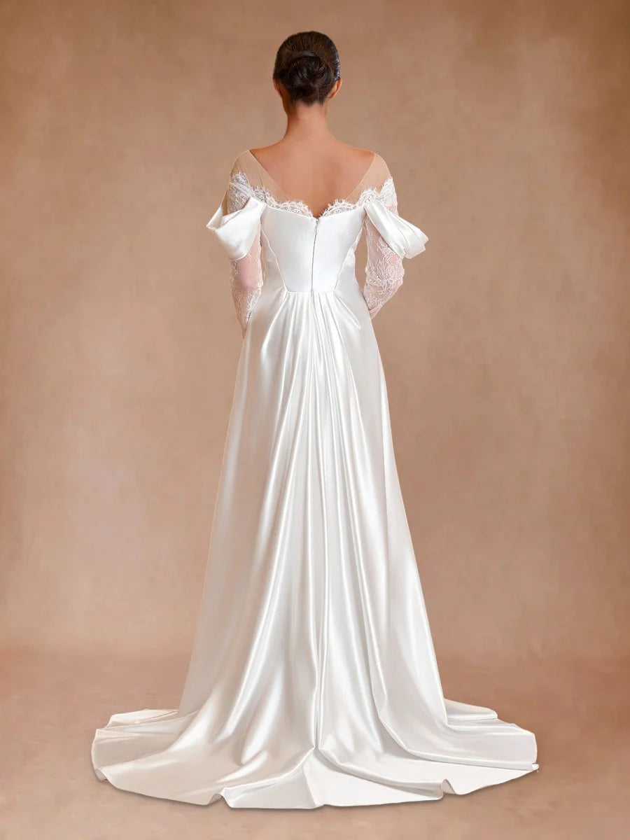 Pretty Mermaid White Satin Lace Long Sleeves Off-the-Shoulder Diamond Wedding Dress With Train