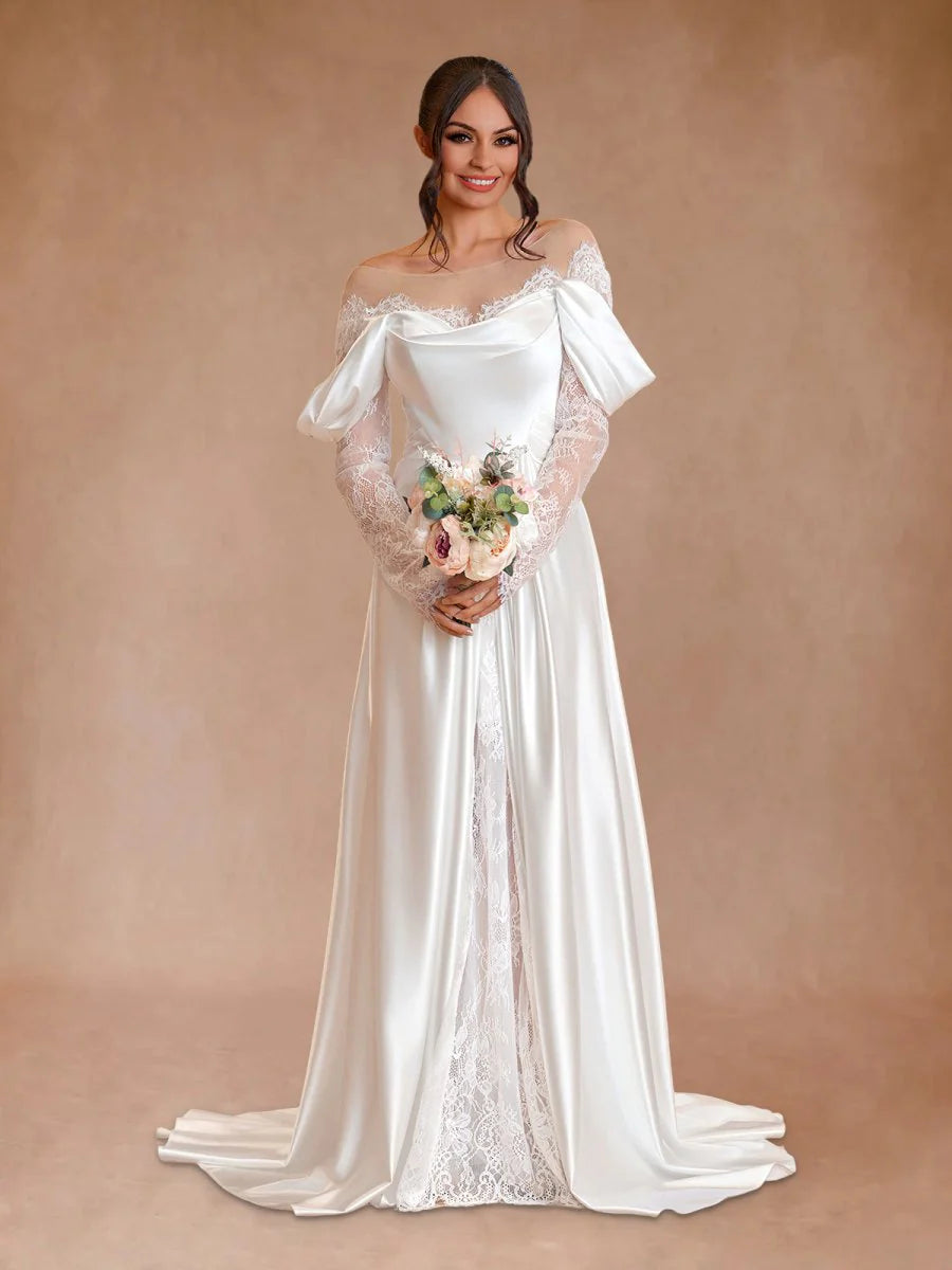 Pretty Mermaid White Satin Lace Long Sleeves Off-the-Shoulder Diamond Wedding Dress With Train