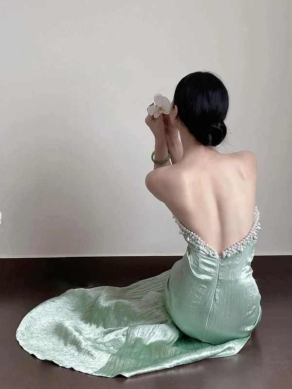 Pretty Mint Green Satin Mermaid Sweetheart Long Prom Dresses With Beaded Discount Long Party Dress