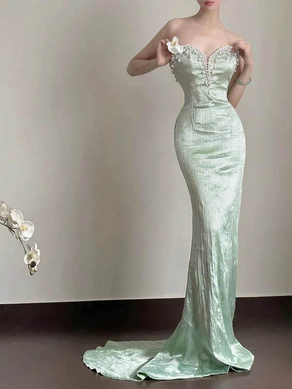 Pretty Mint Green Satin Mermaid Sweetheart Long Prom Dresses With Beaded Discount Long Party Dress
